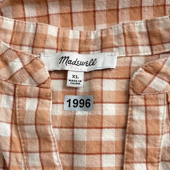 Madewell Crinkle Cotton Bubble-Sleeve Popover Check Fauna‎ Flowy Shirt Women XL - Picture 9 of 15